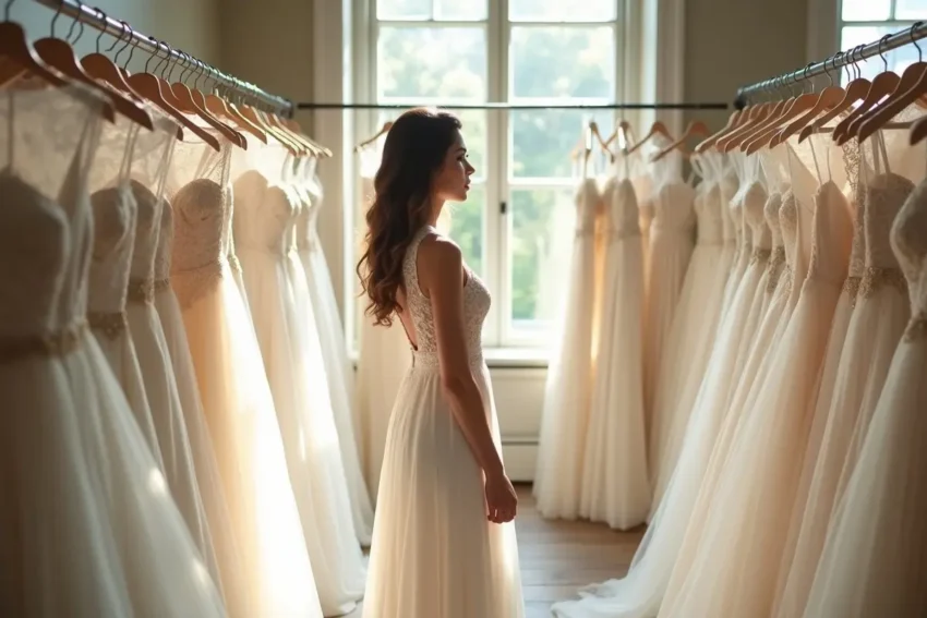 bride selecting elegant wedding dress that reflects timeless personal style