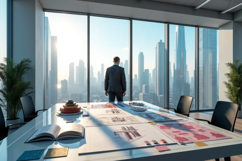 architect reviewing modern building designs featuring futuristic materials and styles