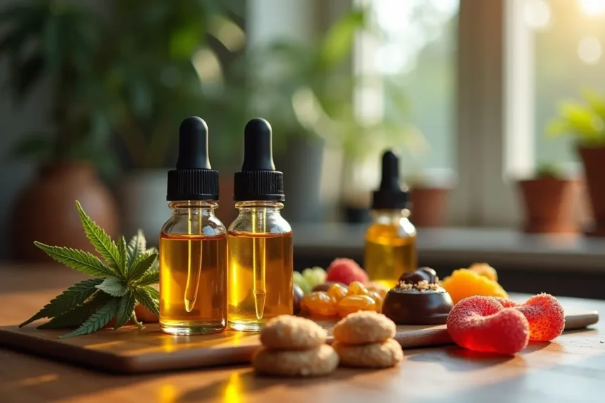 cannabis oils edibles displayed on table