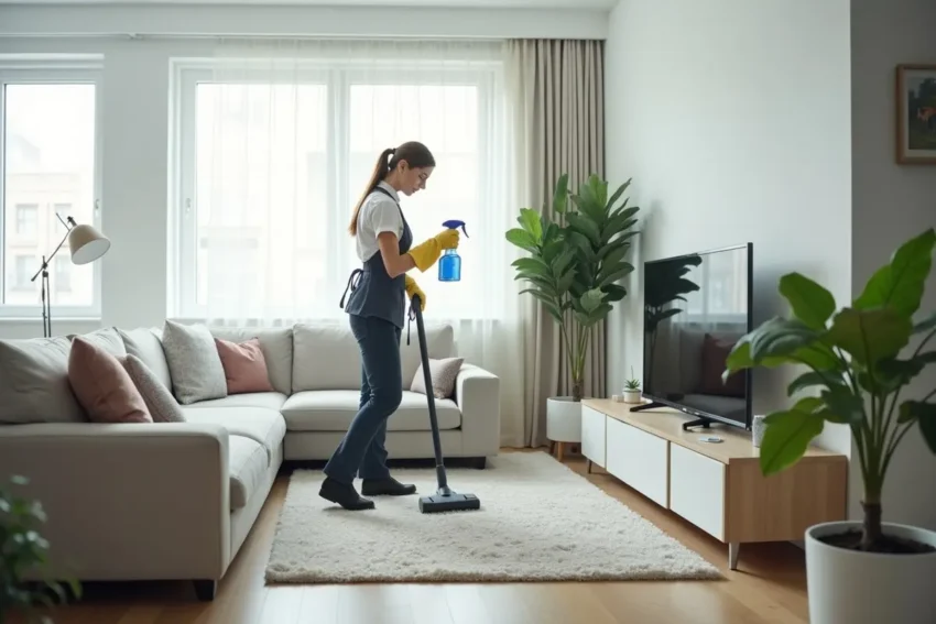 cleaning professional tidying modern apartment living room with cleaning supplies