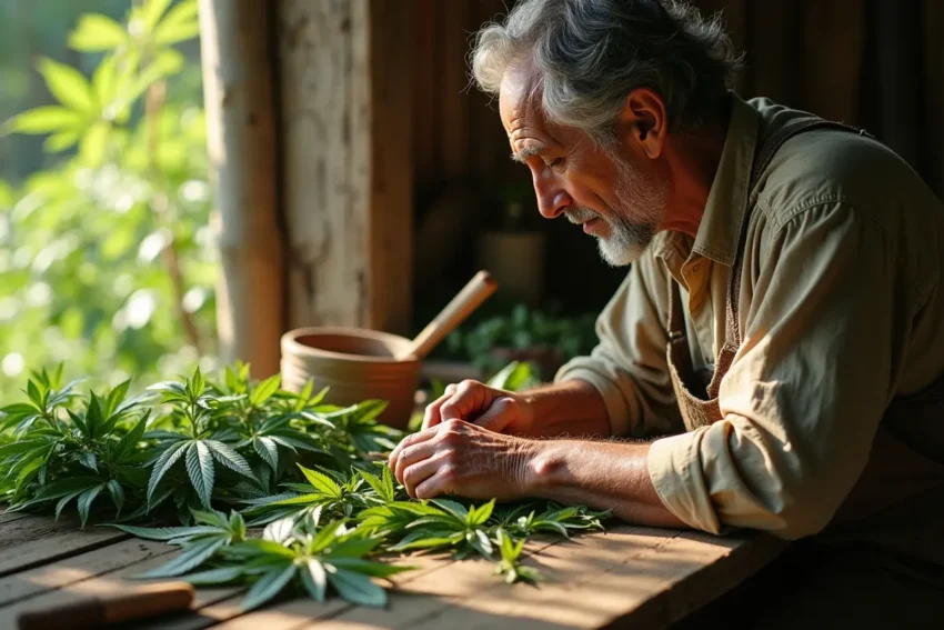 herbalist preparing cannabis leaves for traditional medicinal use