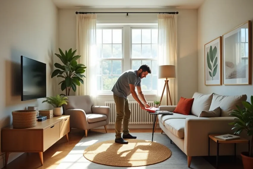 tenant arranging furniture in cozy apartment for maximum comfort