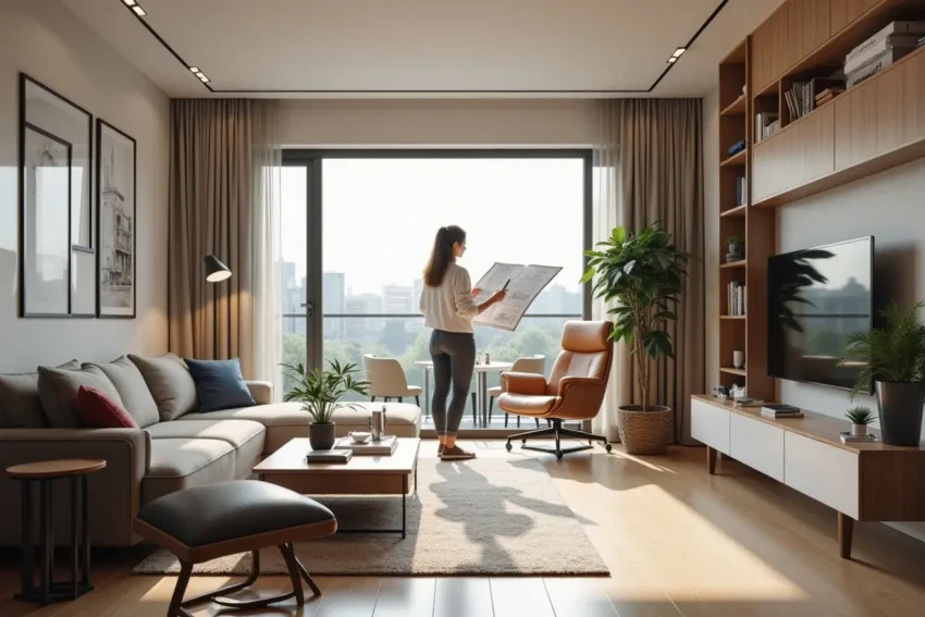 interior designer optimizing apartment layout with ergonomic furniture and design