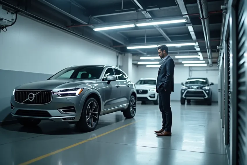 car owner inspecting secure indoor storage unit for vehicle rental