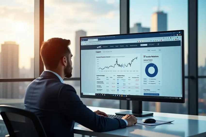 investor reviewing company updates on modern investor relations website platform