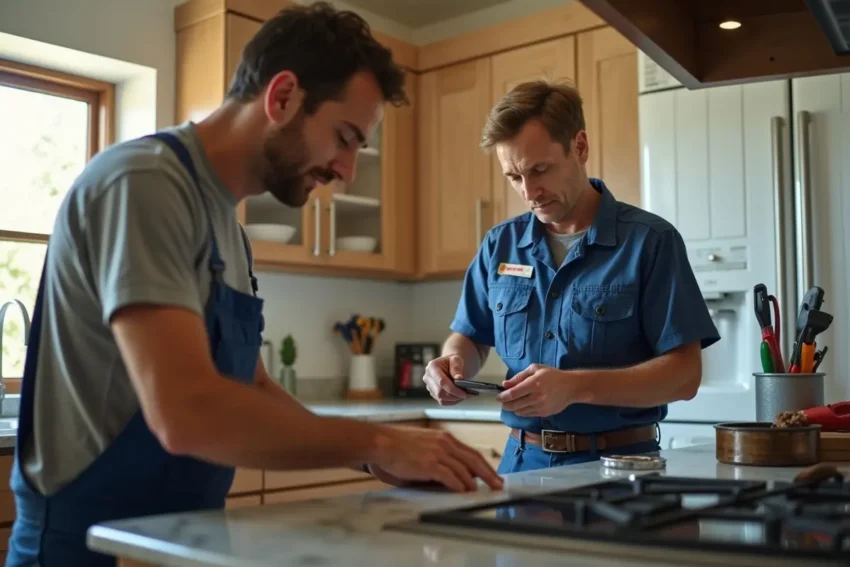 homeowner repairing kitchen appliance while professional technician observes nearby