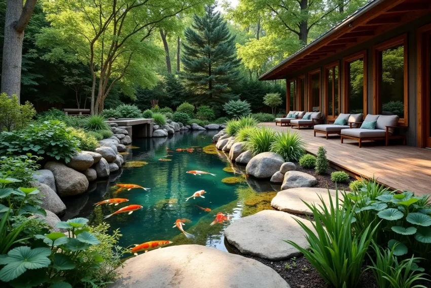 backyard with a koi pond