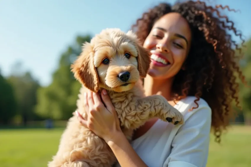 woman carries labradoodles puppy