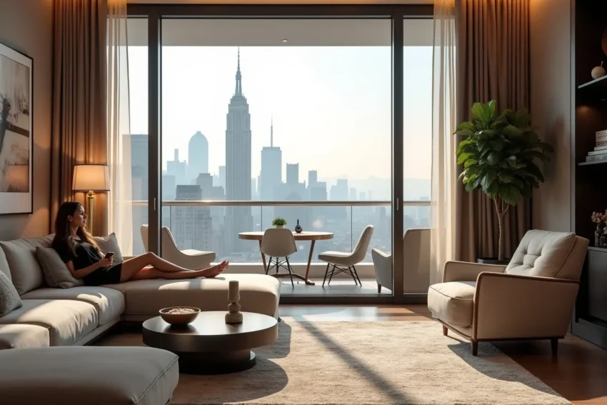 resident enjoying luxury apartment interior with elegant decor and city view