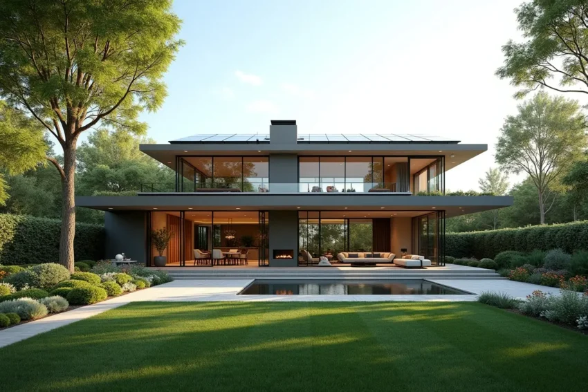 luxurious modern home with solar panel roof and greeny garden landscape