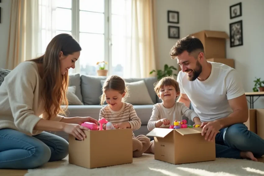 family with two children packing to move to a new house