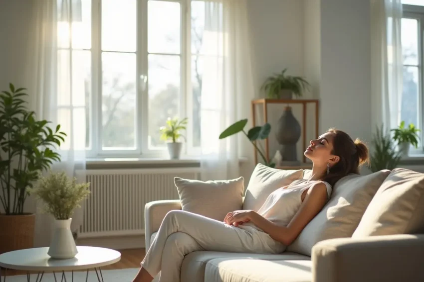 young woman relaxing in tidy apartment enjoying peaceful stress free living