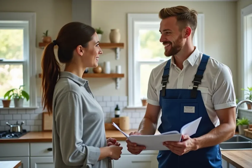 homeowner consulting professional plumber about quality plumbing service options