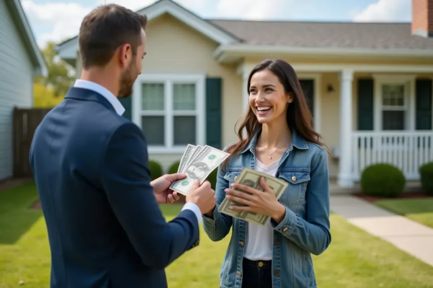 real estate agent handing cash to homeowner during quick house sale