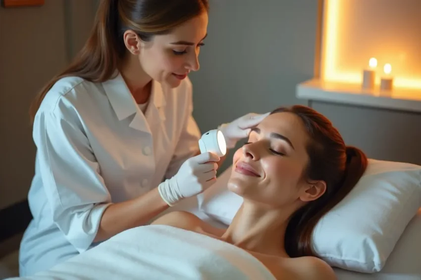 beautician preparing led light therapy facial treatment