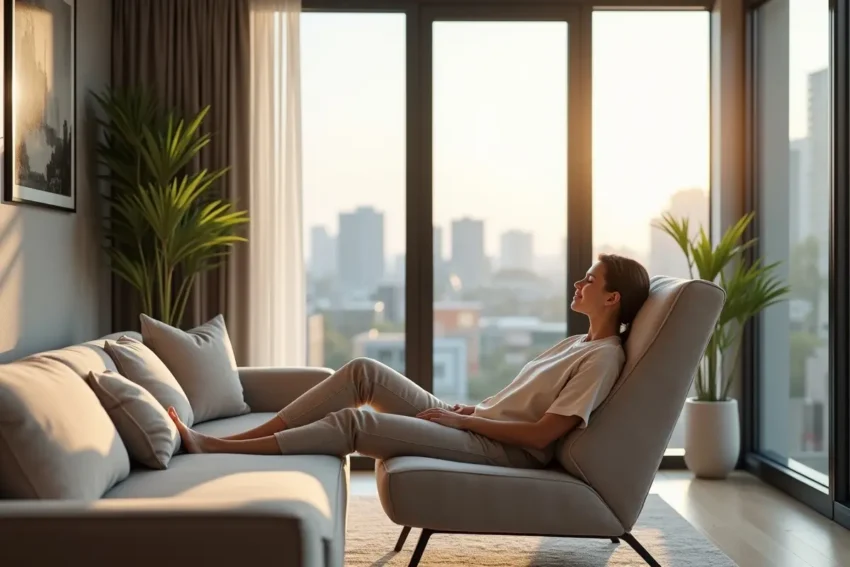 happy tenant relaxing in modern furnished apartment with large windows