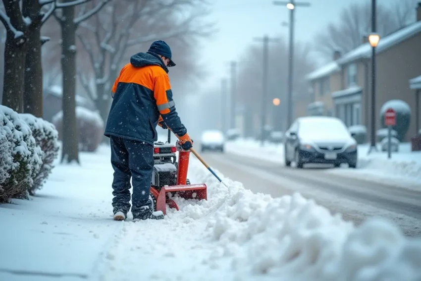 worker clearing snow to prevent winter accidents and transportation delays