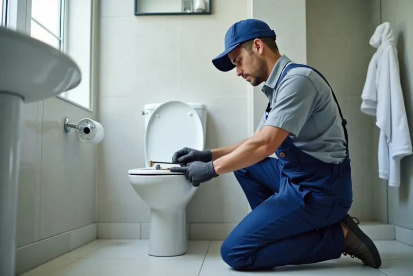 plumber repairing toilet in modern bathroom providing professional service in dallas