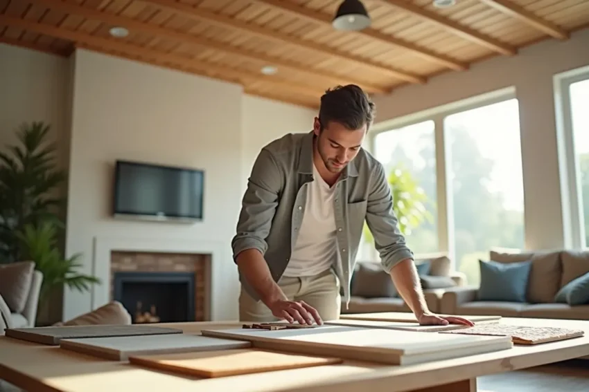 homeowner reviewing different ceiling material options interior design