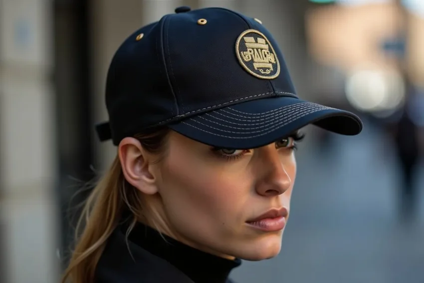 person wearing custom hat with logo to fit her fashion