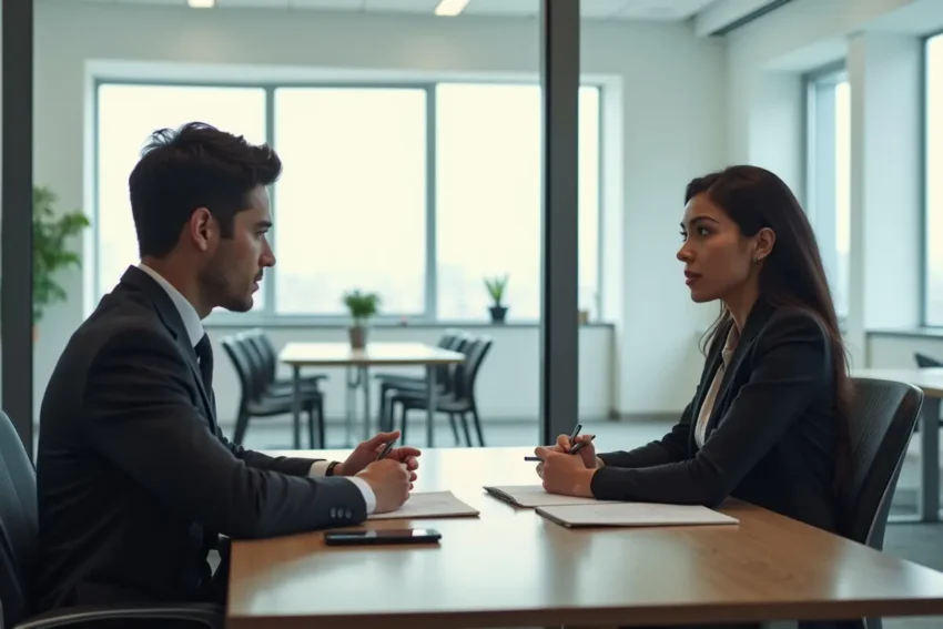 Candidate and interviewer discuss work experience and qualifications in effective hiring strategies