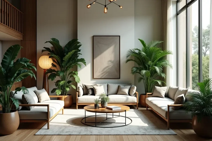 living room interior with lush potted plants and stylish lighting