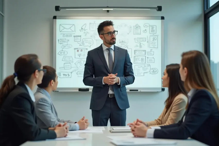 team leader discussing business plan with team