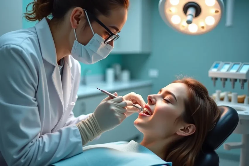 dentist examines the patient's teeth