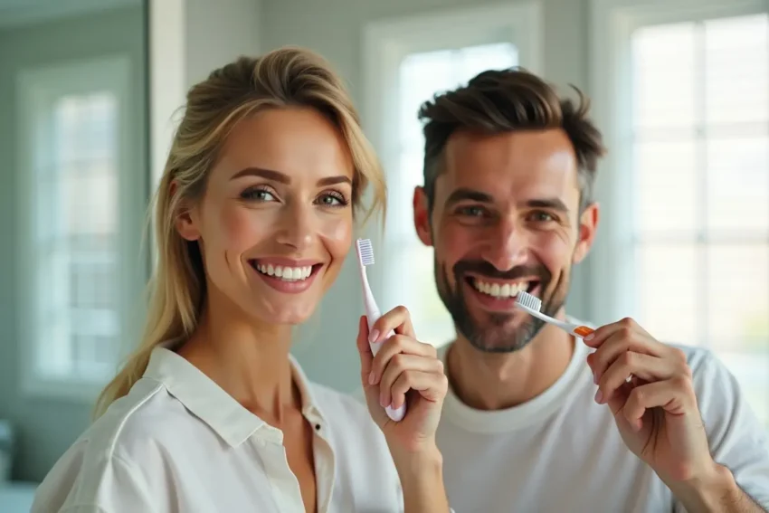 woman and man brushing teeth for healthier smiles tips