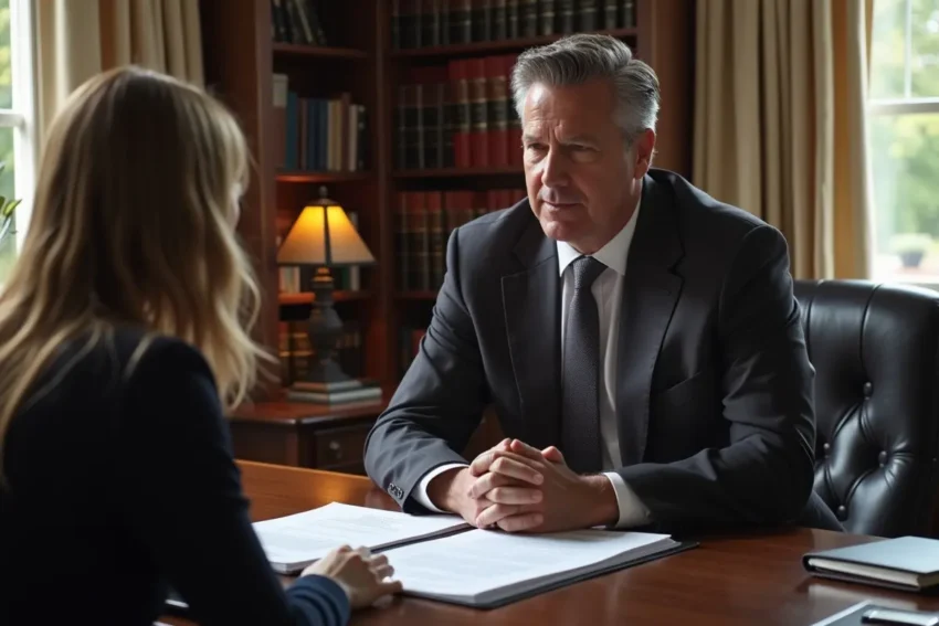 experienced criminal defense lawyer consulting client in office