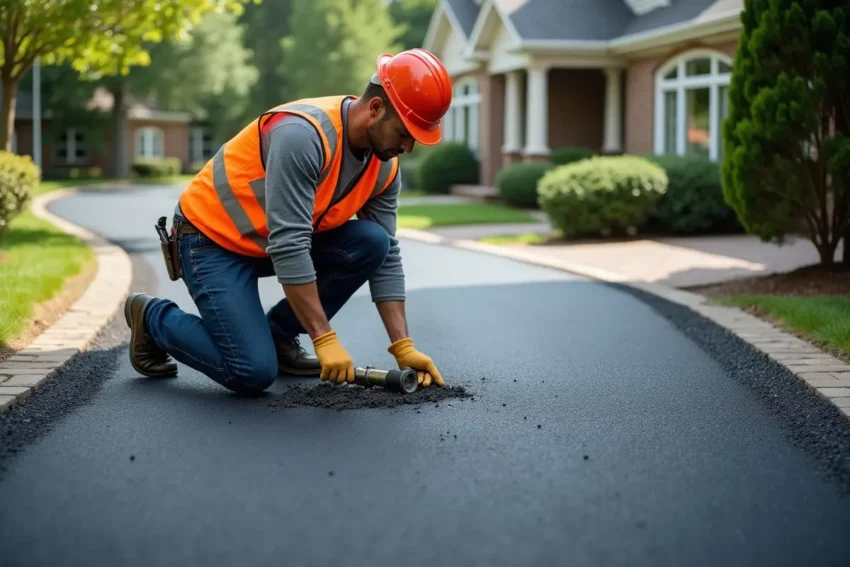 asphalt contractor inspecting freshly paved driveway surface