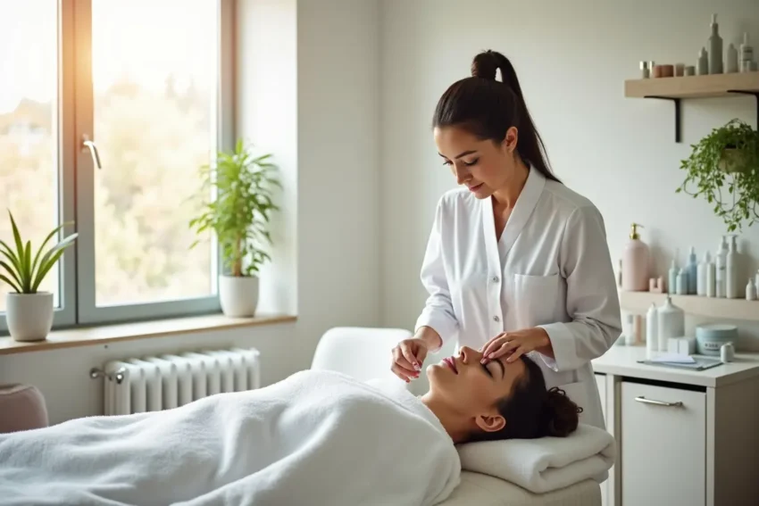 client receiving professional skincare treatment at esthetics center