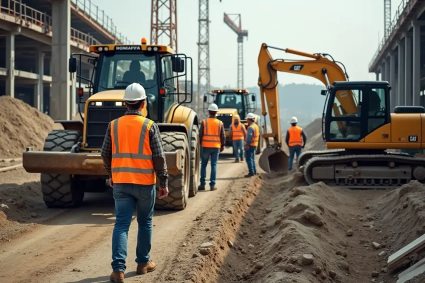 construction workers operating reliable heavy equipment on active job site