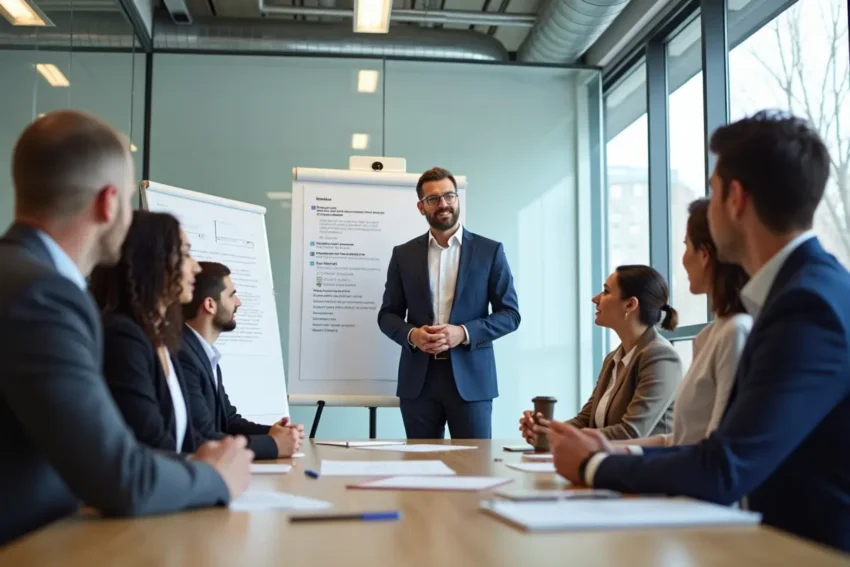 hr manager explaining employee benefits package to company staff