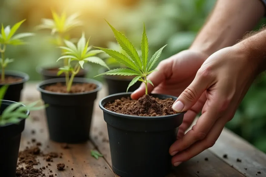 hands planting cannabis seeds for healthy indoor plant growth