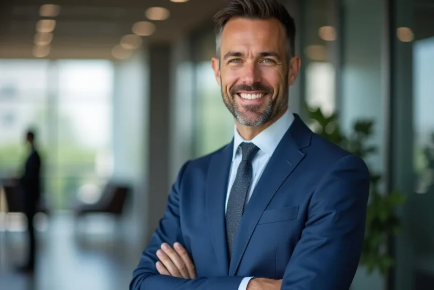 professional wearing blue business suit with confident polished style