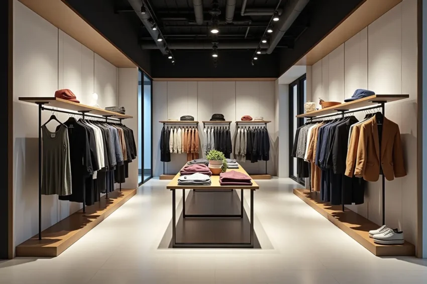 retail clothing store fixtures showcasing apparel on modern display racks