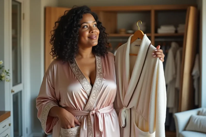 curvy woman comparing luxurious robes and comfortable everyday wear