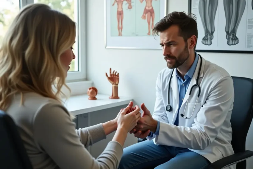 patient consulting doctor about persistent wrist pain