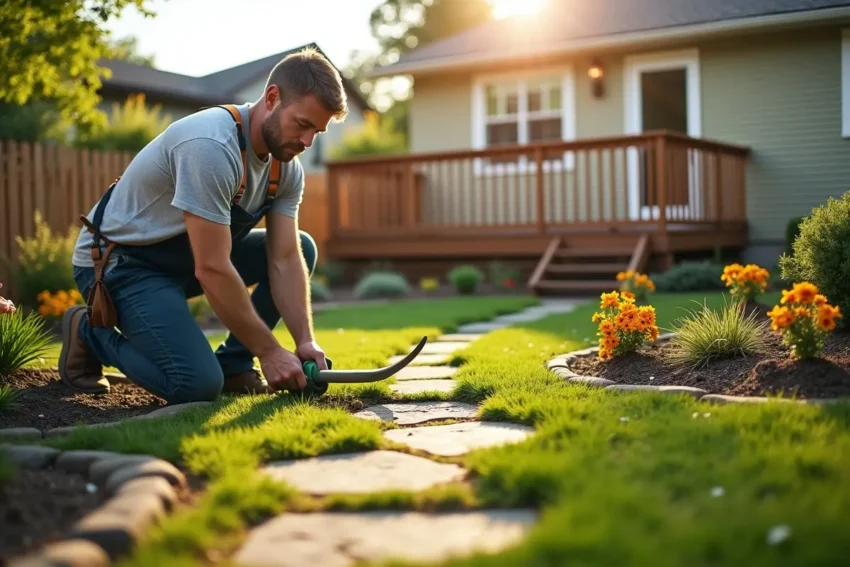 homeowner reviving tired backyard with weekend landscaping improvements