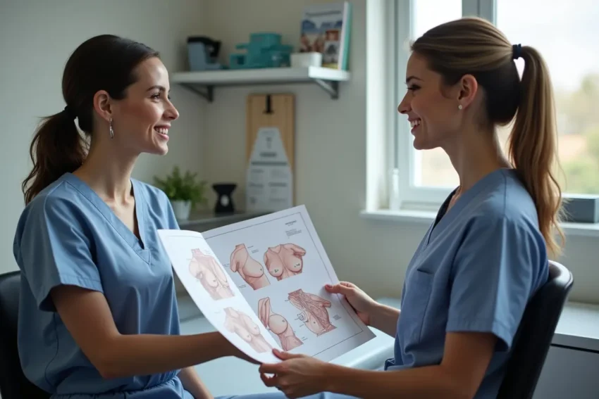 patient consulting surgeon about breast augmentation revision procedure options