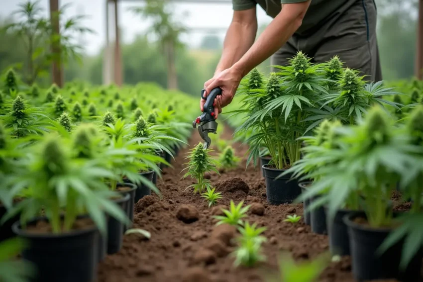 grower managing cannabis cultivation process from seed to harvest