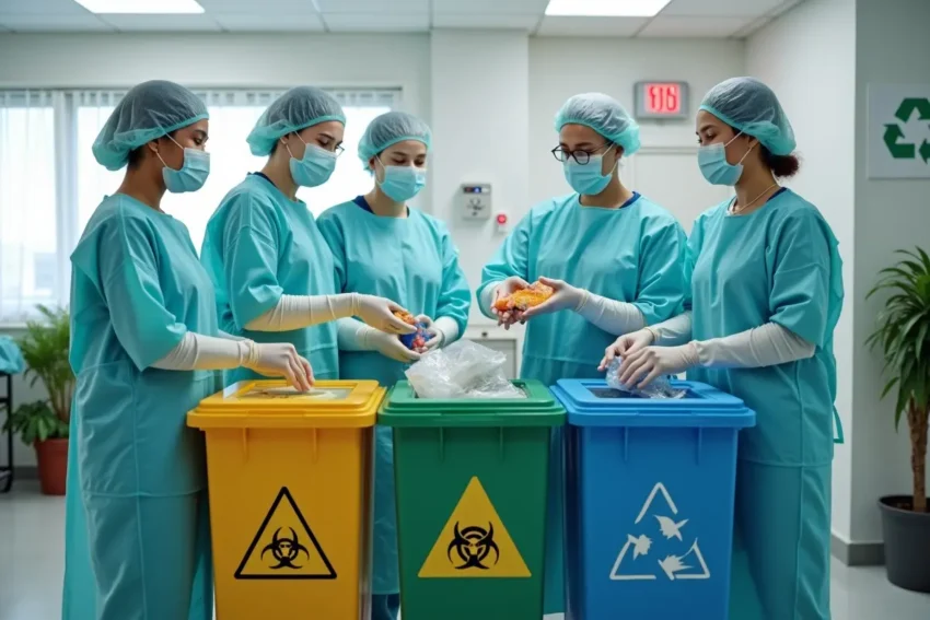 medical staff disposing clinical waste safely to protect environment