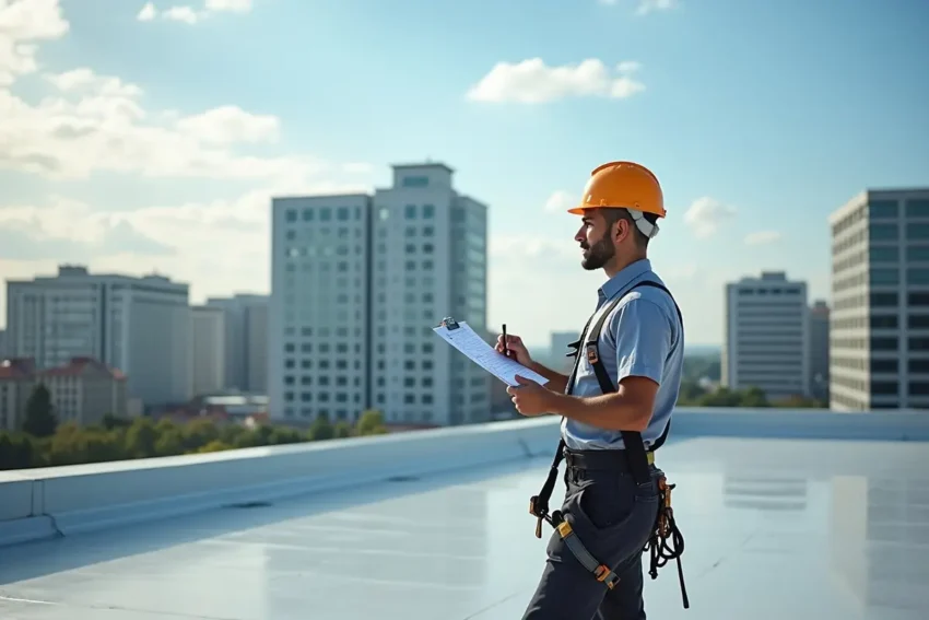 technician inspecting commercial roof maintenance schedule and condition