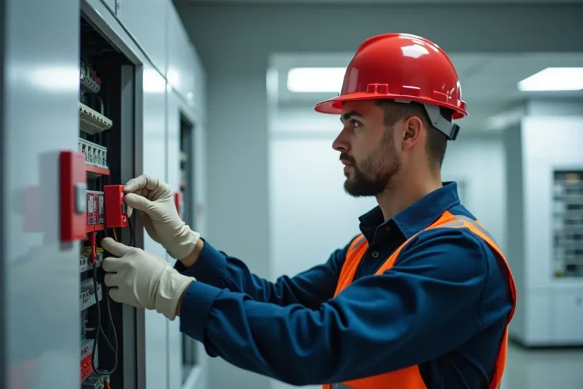 technician installing fire alarm system for essential safety protection