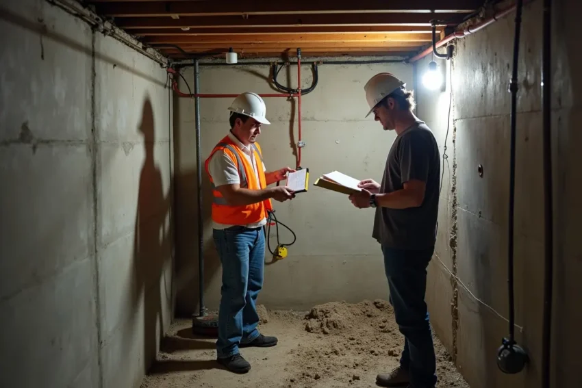 contractor inspecting basement foundation repair requirements for homeowner