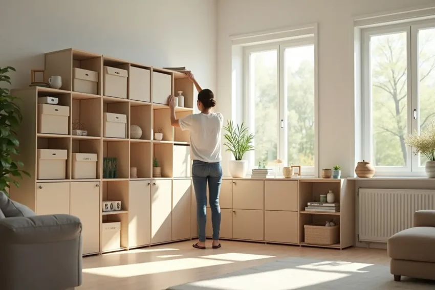homeowner organizing living space with simple and effective storage solutions