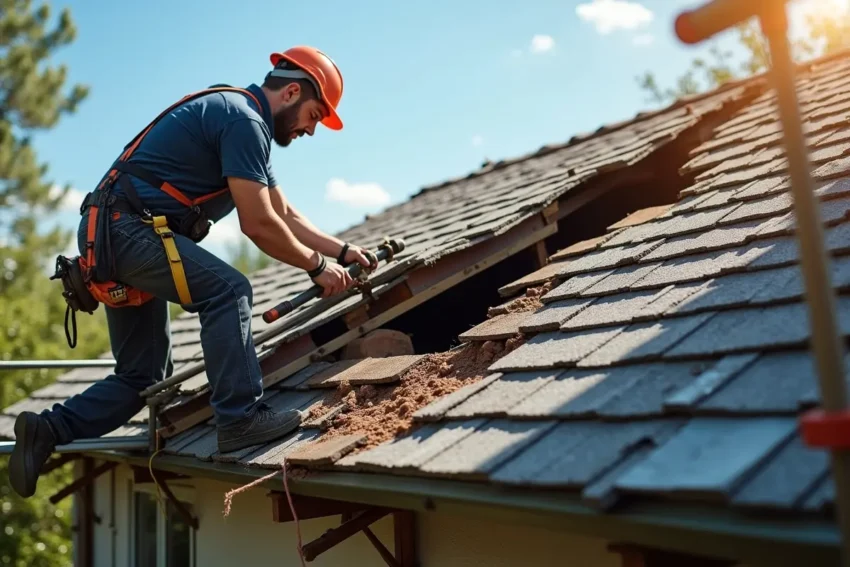 contractor repairing sagging roof structure to prevent further damage