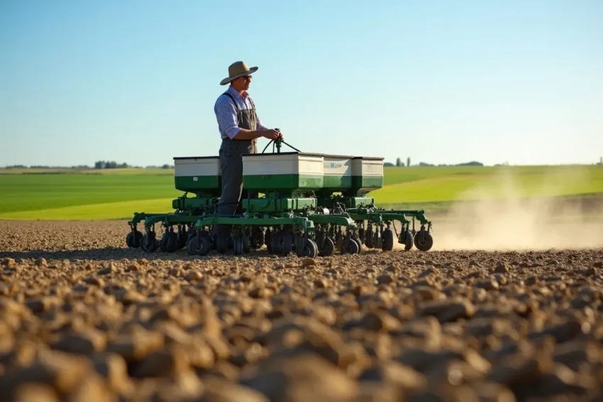 farmer using seeding drill to improve planting efficiency and crop yield