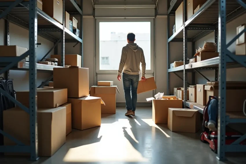 person using self storage unit to organize belongings during moving